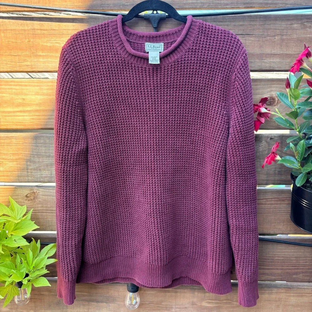 L.L. Bean Waffle Knit Sweater Mens Medium Burgundy Excellent Organic Cotton